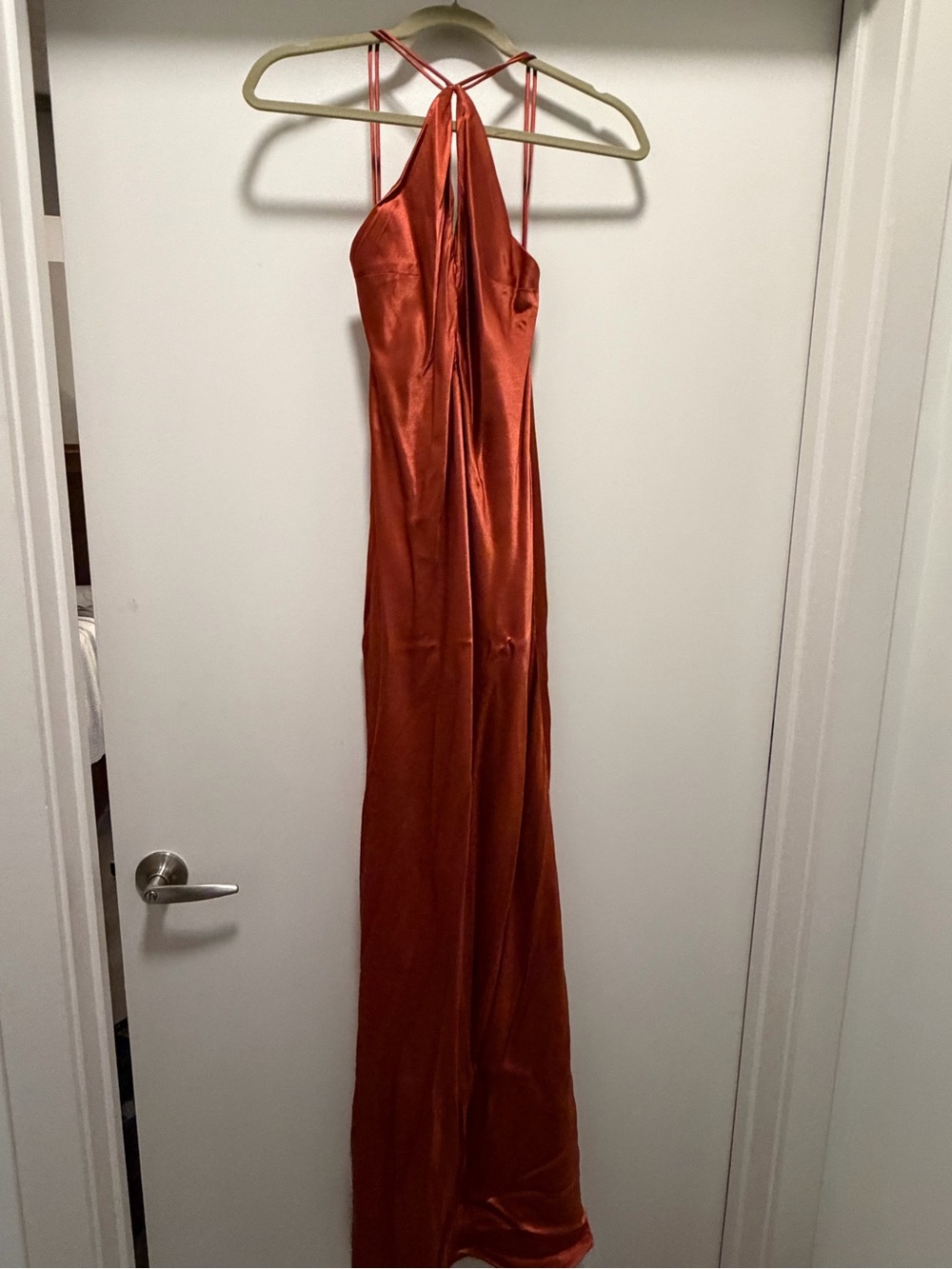 Meshki Rust Satin Halter Dress